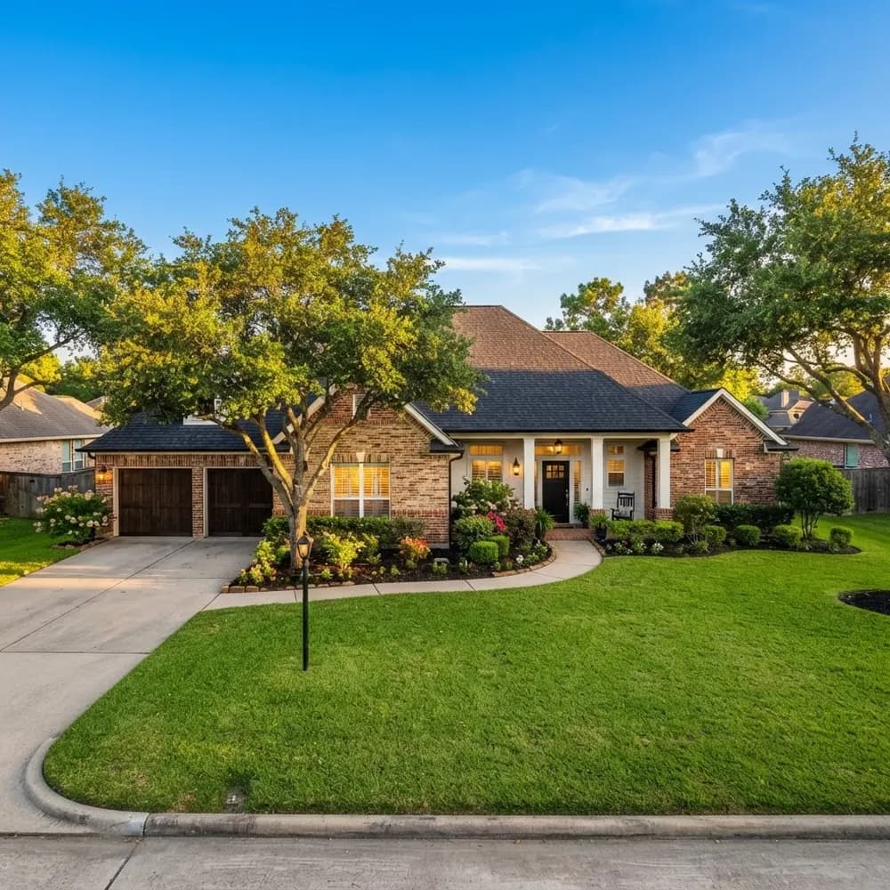 A Houston brick home with a freshly restored asphalt shingle roof at golden hour