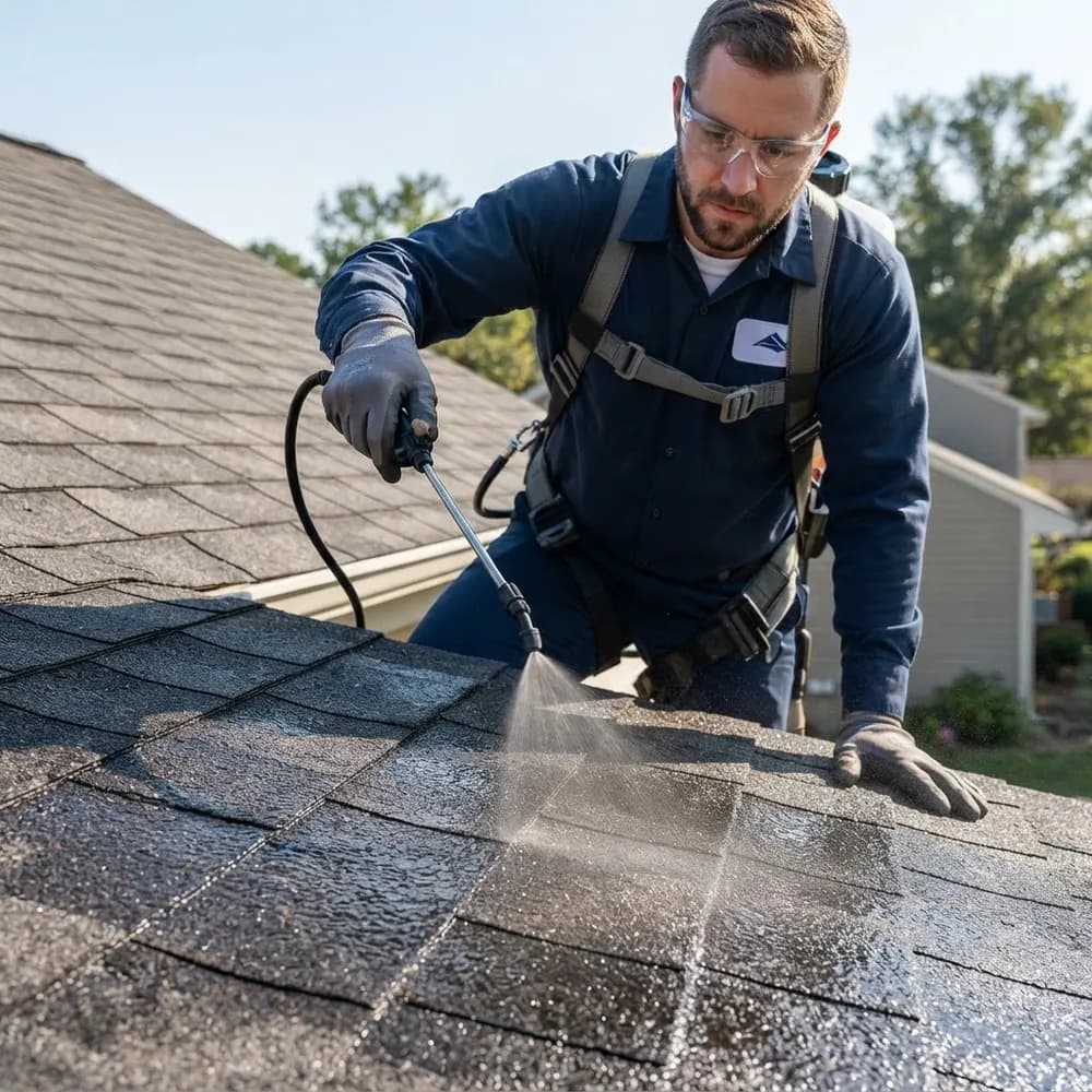 A TriTop technician applying the eco-friendly Peak 301 rejuvenation treatment to asphalt shingles